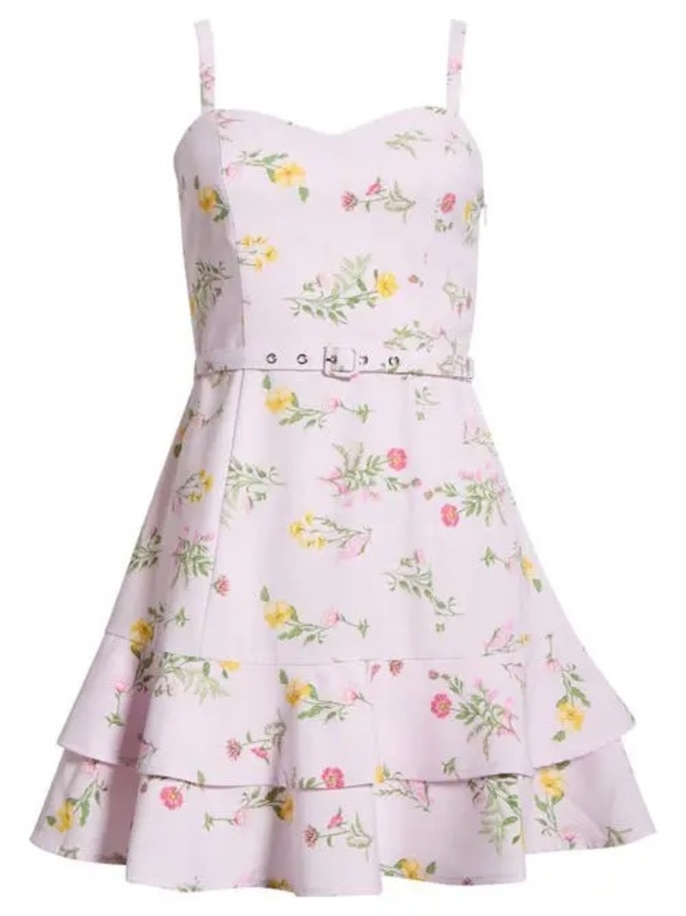 Floral Pink Belted Mini Dress with Tiered Skirt